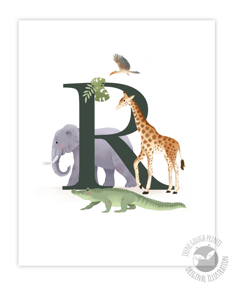 May include: A green letter R with a gray elephant, a brown giraffe, a green alligator, and a brown bird with a yellow beak.