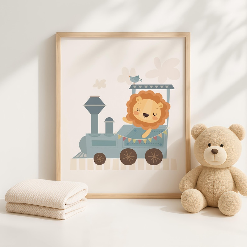 Nursery decor, nursery wall art set, nursery art, baby boy decor, baby shower gift, childrens art, kids illustration, cute animal art train image 5