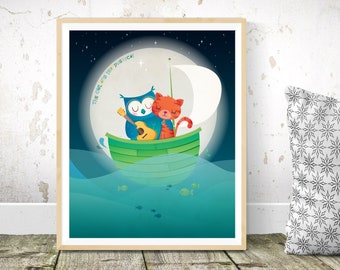 The owl and the pussycat, nursery wall art, nursery decor, kids room decor, kids illustration, new baby gift, Edward Lear, kids art print