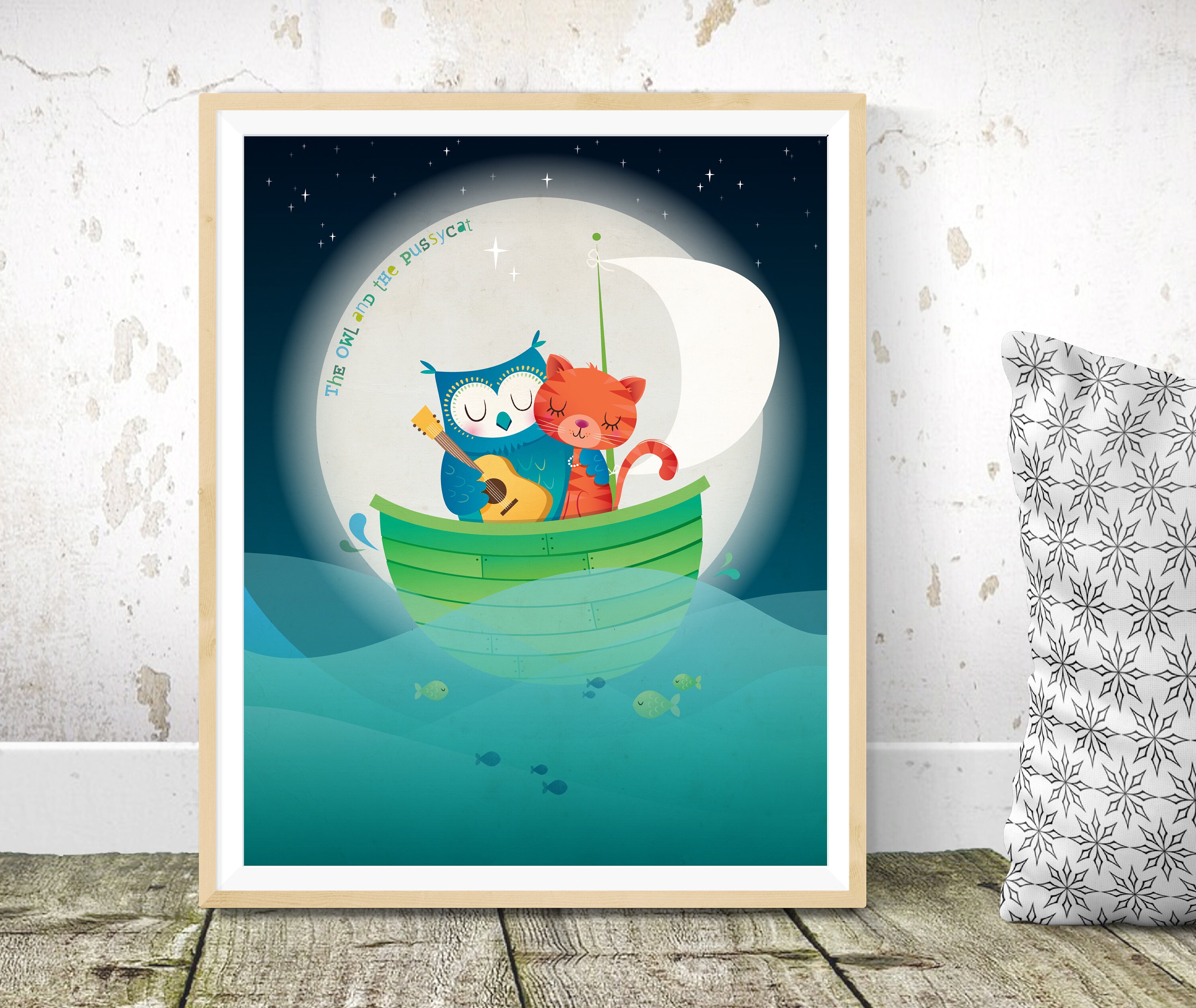 The owl and the pussycat, nursery wall art, nursery decor, kids room decor, kids illustration, new b
