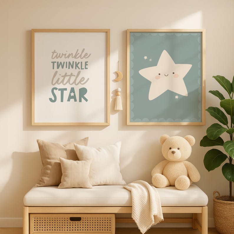 Twinkle Twinkle Little Star Nursery Wall Art Set, Sage Green Neutral ...