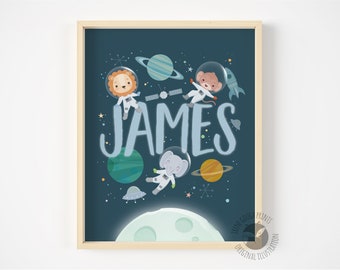 Space name nursery print - Personalised nursery wall art, Kids room decor, Astronaut, Gender neutral decor, Kids Name Art, Unique kids gift