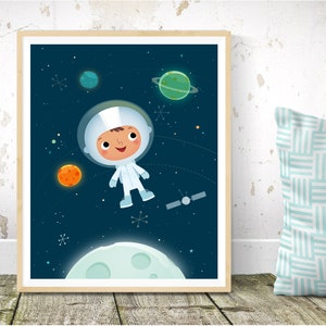 Niño de arte de pared de guardería - Impresión de guardería espacial, dormitorio de niños, regalo de niños, decoración de guardería, decoración espacial, astronauta, regalo de ducha de bebé de decoración de habitación de niños