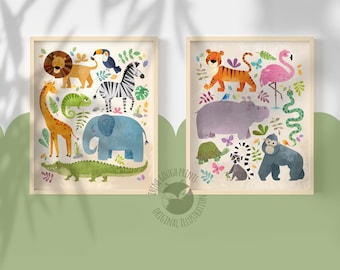 Ensemble d'estampes Safari, oeuvres d'art murales pour enfants, décoration de chambre de bébé, cadeau de baby shower, empreintes d'animaux, chambre d'enfants, cadeau de nouveau-né, neutre entre les sexes, art dessiné à la main
