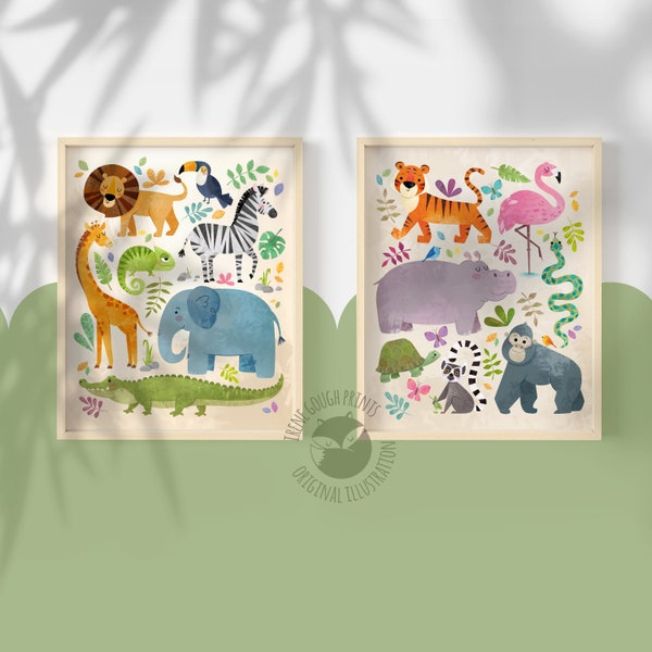 Set di stampe Safari, arte da parete per bambini, arredamento per l'asilo nido, regalo per baby shower, stampe di animali, camera per bambini, regalo per neonato, genere neutro, arte disegnata a mano