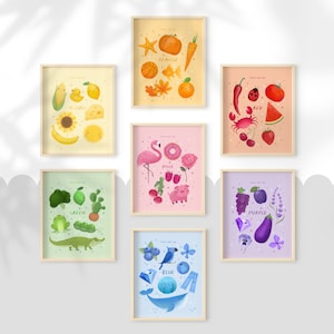 Stampe colorate per la cameretta dei bambini, decorazioni murali educative per bambini, colori dell'arcobaleno, set di stampe, regalo unico per neonati, unisex, decorazioni per la cameretta dei bambini