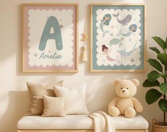 Personalised Mermaid Nursery Wall Art Set of 2, Alphabet Name Print, Under the Sea Nursery Decor, Girls Room Wall Art