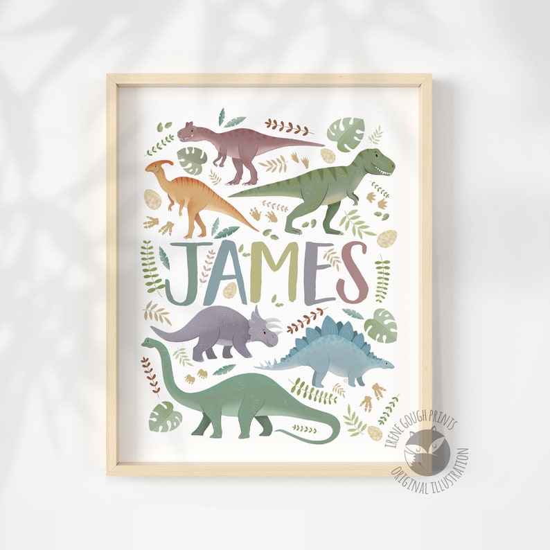 Personalized Dinosaur Name Print for Children Customized Dino Art Kids Bedroom Decor White