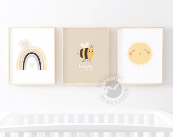 Bee happy, nursery print set, boho rainbow, happy sunshine, kids room decor, kids wall art, yellow and grey, gender neutral nursery, gift