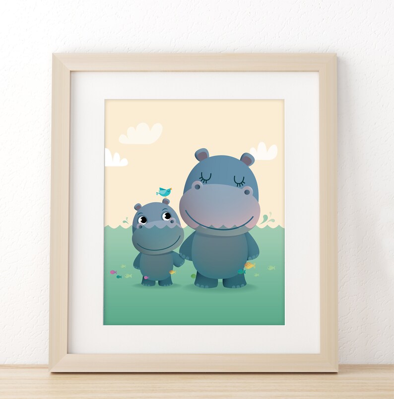Hippo Print Nursery Illustration Nursery Decor Nursery Art Etsy