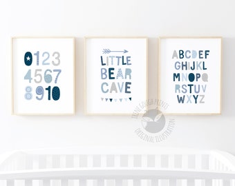 Little bear cave, Kids nursery wall art, Set of 3 Nursery prints, Boys wall decor, Grey Nursery decor, Baby boy gift, Blue Nursery art