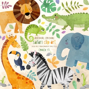 Animali safari, Disegnati a mano, Pacchetto clip art, Clip art animali, Licenza commerciale, Elementi di design, Download digitale, Animali della giungla, Fogliame