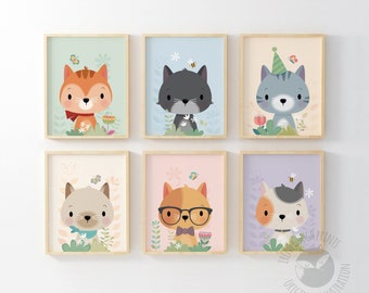 Set of 6 Adorable Cat Prints for Children's Room Decor - Whimsical Kitty Art Collection