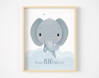 Dream big little one, Nursery decor, Nursery wall art, Elephant print, Nursery print, Animal nursery art, Kids room decor, Baby boy gift