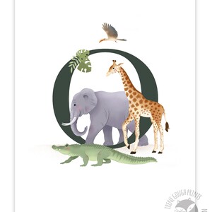 May include: A green letter O with a giraffe, elephant, crocodile, and bird. The animals are all facing the right side of the image. The letter O is surrounded by green leaves. The image is on a white background.