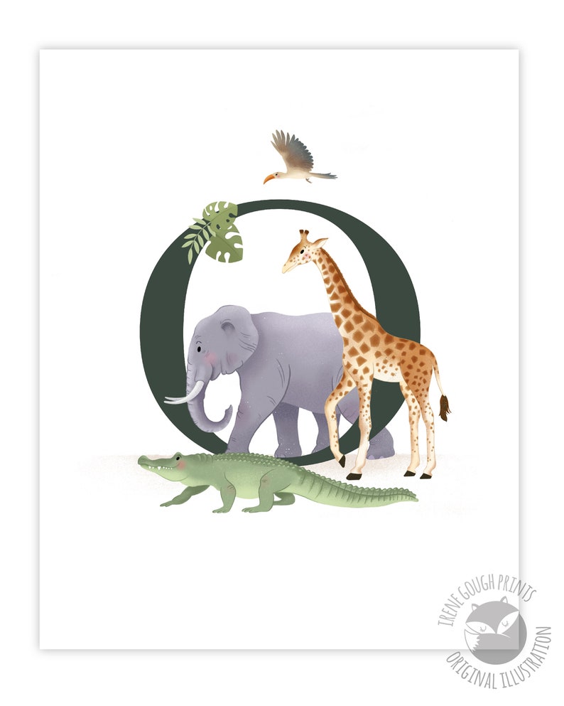 May include: A green letter O with a giraffe, elephant, crocodile, and bird. The animals are all facing the right side of the image. The letter O is surrounded by green leaves. The image is on a white background.