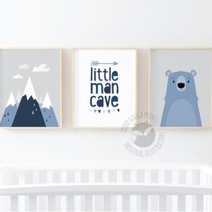 Arte murale per bambini con tema avventuroso, set di 3 stampe per bambini, set di decorazioni murali per bambini, decorazioni per bambini grigie, regalo per neonati, arte per bambini blu, piccola caverna