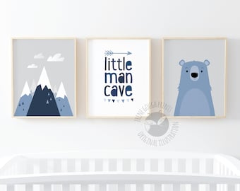 Adventure nursery wall art, Set of 3 Nursery prints, Kids wall art set, Grey Nursery decor, Baby boy gift, Blue Nursery art, Little man cave