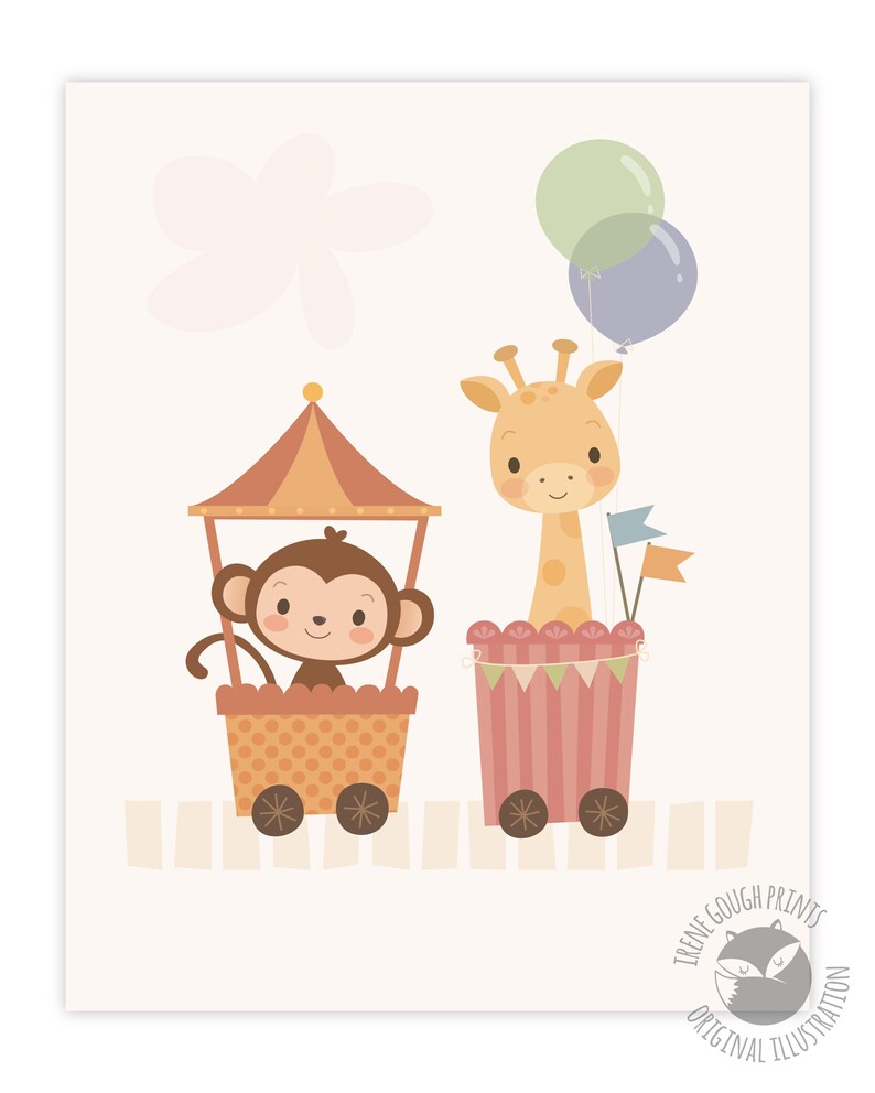 Nursery decor, nursery wall art set, nursery art, baby boy decor, baby shower gift, childrens art, kids illustration, cute animal art train image 3