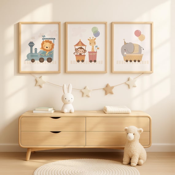Nursery decor, nursery wall art set, nursery art, baby boy decor, baby shower gift, childrens art, kids illustration, cute animal art train