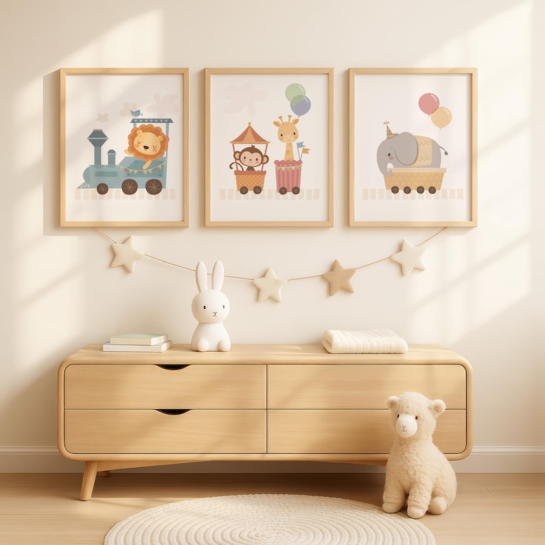 Nursery decor, nursery wall art set, nursery art, baby boy decor, baby shower gift, childrens art, kids illustration, cute animal art train image 1