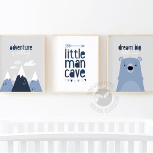 Arte murale per bambini con tema avventuroso, set di 3 stampe per bambini, set di decorazioni murali per bambini, decorazioni per bambini grigie, regalo per neonati, arte per bambini blu, piccola caverna