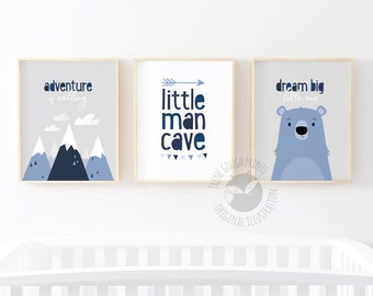 Adventure nursery wall art, Set of 3 Nursery prints, Kids wall art set, Grey Nursery decor, Baby boy gift, Blue Nursery art, Little man cave