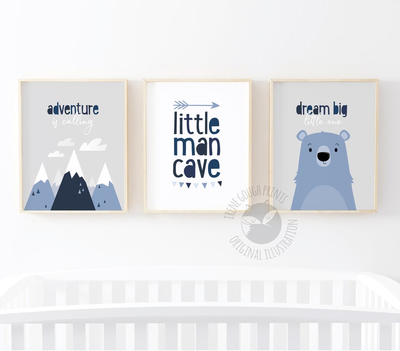 Adventure nursery wall art, Set of 3 Nursery prints, Kids wall art set, Grey Nursery decor, Baby boy gift, Blue Nursery art, Little man cave image 1