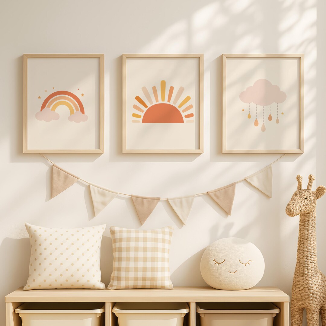 Boho Nursery Wall Art Set of 3 | Neutral Sun Rainbow Cloud Prints ...