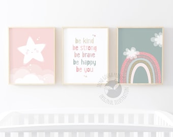 Girls nursery wall art, Set of 3 Nursery prints, Kids wall art set, Pink Nursery decor, Baby girl gift, pink Nursery art, be kind, be strong