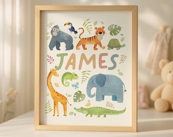 Personalisierte Dschungel Name für Kinder | Safari Kinderzimmer Wand Kunst | Benutzerdefinierte Kinderzimmer Dekor | Poster mit Tiernamen