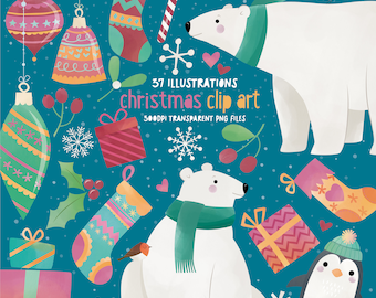 Christmas Clip Art, Polar Bears and Penguins, Instant Download, Commercial Use, PNG Files, High res 300 Dpi, cute holiday crafting