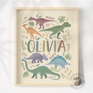 Personalized Dinosaur Name Print for Children Customized Dino Art Kids Bedroom Decor Ivory