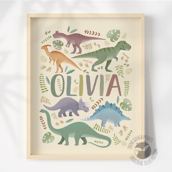 Personalized Dinosaur Name Print for Children - Customized Dino Art - Kids Bedroom Decor