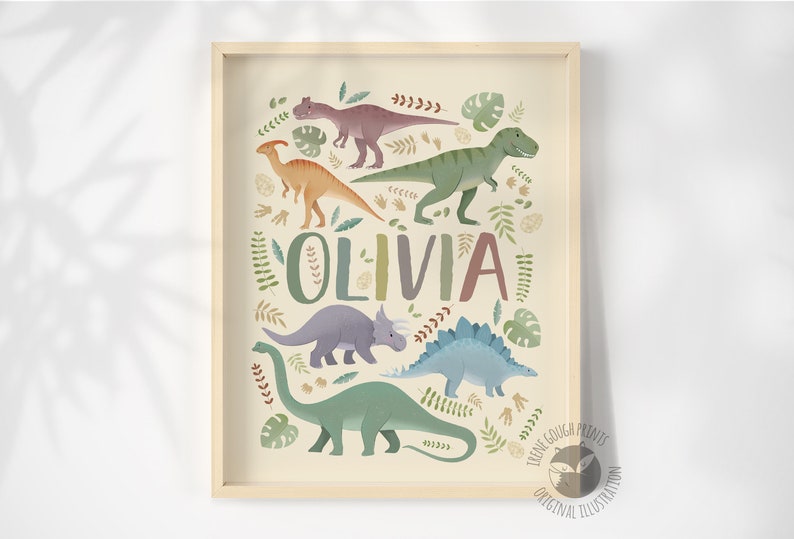 Personalized Dinosaur Name Print for Children Customized Dino Art Kids Bedroom Decor Ivory