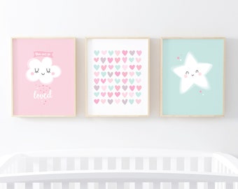 Nursery wall art girl, Set of 3 nursery prints, You are so loved, Pink nursery decor, Girls room decor, Baby girl gift, pink and teal print