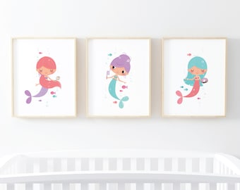 Mermaid Nursery Art Prints: Set of 3, Girls Room Decor