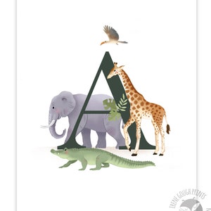 May include: A green letter A with a grey elephant, a brown giraffe, and a green alligator in front of it. The letter is surrounded by green leaves.