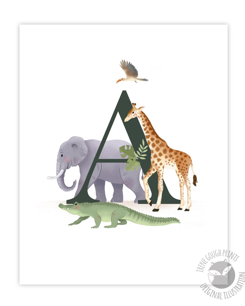 May include: A green letter A with a grey elephant, a brown giraffe, and a green alligator in front of it. The letter is surrounded by green leaves.