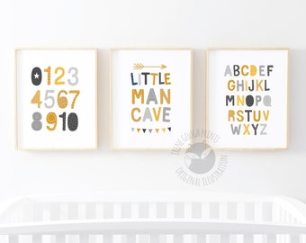 Nursery wall art, Little man cave, Set of 3 Nursery prints, Kids wall art set, Grey Nursery decor, Alphabet, Baby gift, Yellow Nursery art