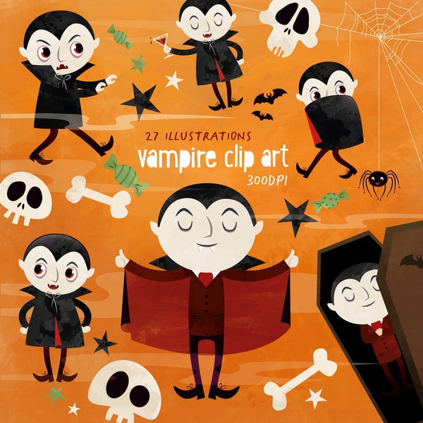 Halloween Vampire Cute Clip Art - Téléchargement instantané - Illustrations effrayantes de Dracula - Graphiques numériques - Décorations imprimables, Utilisation commerciale