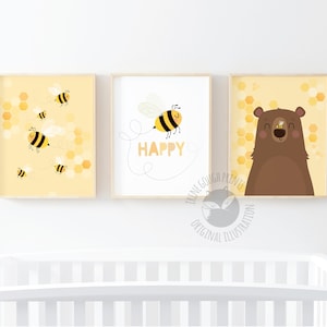 Bee and Bear Nursery Art Prints: Set of 3, Yellow Decor