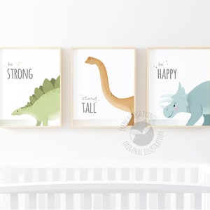 Set di 3 stampe di dinosauri, arte murale per la cameretta dei bambini, decorazioni per la cameretta, poster di dinosauri, testo motivazionale, sii forte, stai dritto, sii felice, neonato