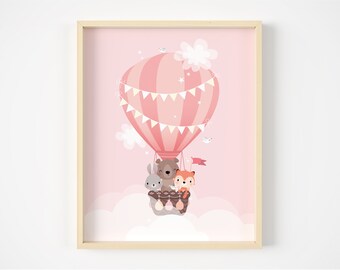 Boho nursery decor girl, nursery wall art, girls print, hot air balloon print, woodland animal decor, girls wall art, cute baby girls decor