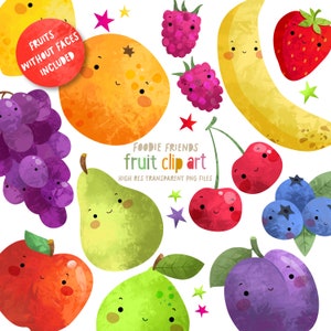 Pacote de clipart de frutas fofas desenhadas à mão, licença comercial, arte de berçário, banana fofa, maçã amigável, uvas verdes e vermelhas, download digital