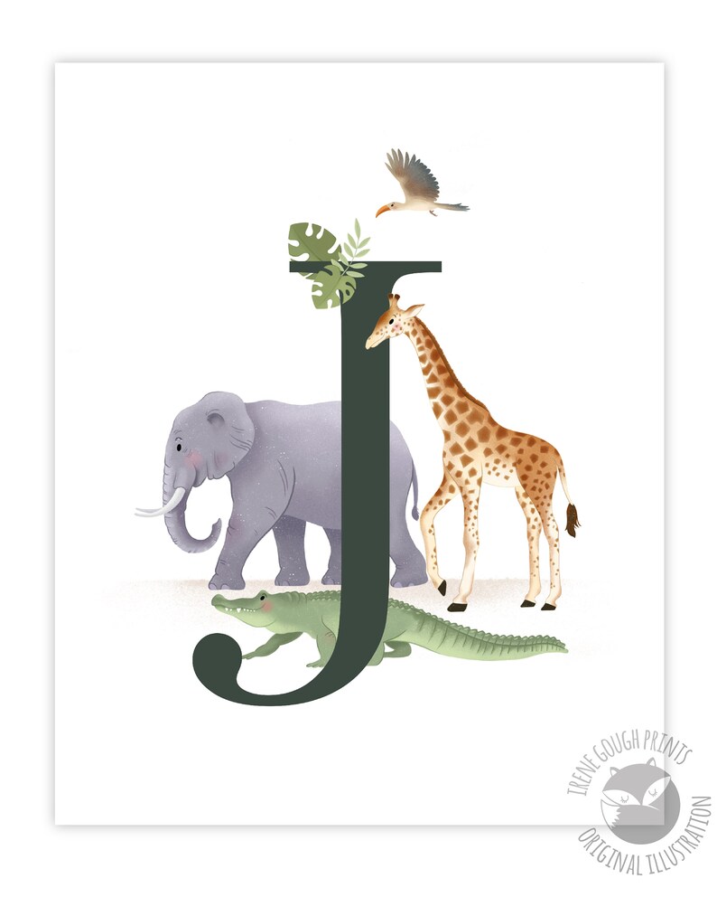May include: A green letter J with a purple elephant, a brown giraffe, a green alligator, and a brown bird with a yellow beak. The letter J is surrounded by green leaves.