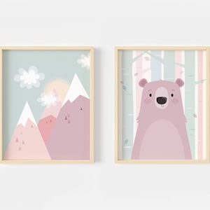 Pink Mountain Bear Nursery Print Set: Adventure Girls Room Decor