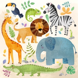 Safari Animals, Hand-Drawn, Clip Art Bundle, Animal Clip Art, Commercial License, Design Elements, Digital Download, Jungle animals, Foliage image 2