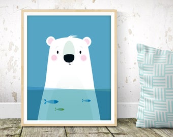 Nursery wall art, polar bear print, Scandinavian kids art, nursery print, nursery decor, nursery wall decor, baby shower gift, baby boy gift