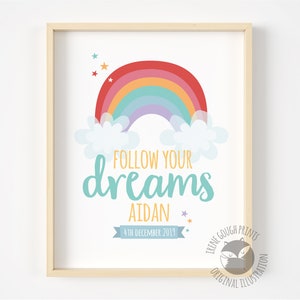 Stampa personalizzata per la cameretta del bambino, decorazioni per la cameretta del bambino, regalo per neonato, decorazioni murali per la cameretta del bambino, neonato, arte arcobaleno, segui i tuoi sogni, stampa delle statistiche di nascita